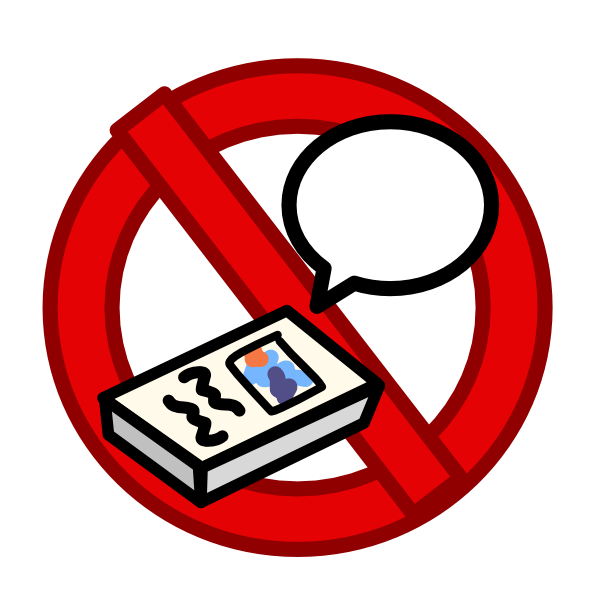 a thick red forbidden sign sits behind a picture of a deck of communication cards with a speech bubble coming from them.